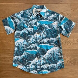 Western Aloha Mens Large Hawaiian Shirt Wave Print Button Up Made in Texas USA